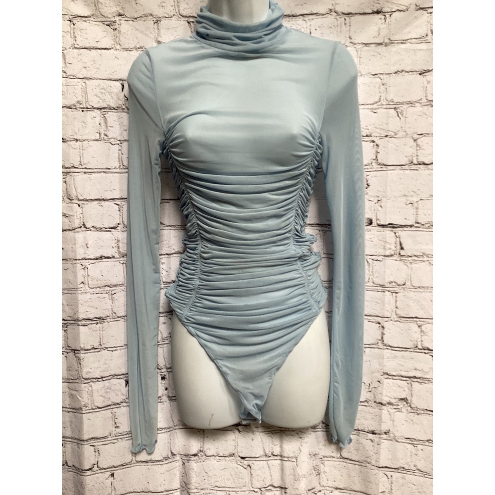 Free People Intimately Light Blue Mesh Ruched Turtleneck Long Sleeve Bodysuit M